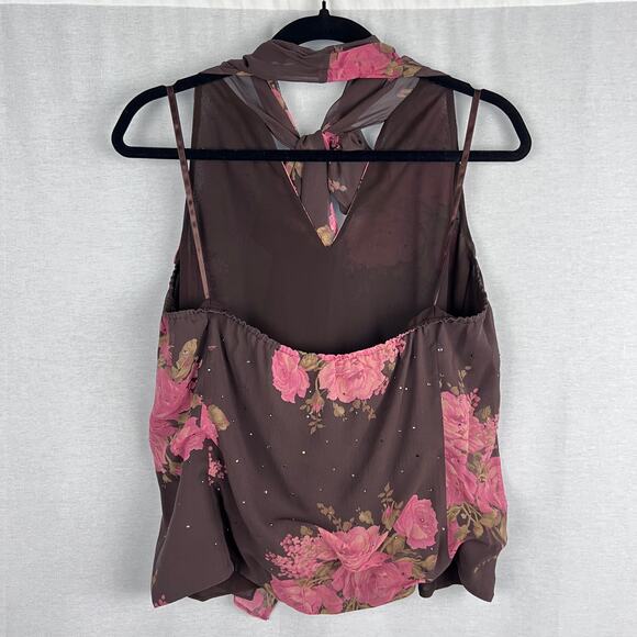 Vintage Express Top Y2K Halter Tank Tie Bow Silk Floral Rose Fairy Coquette - Picture 4 of 6